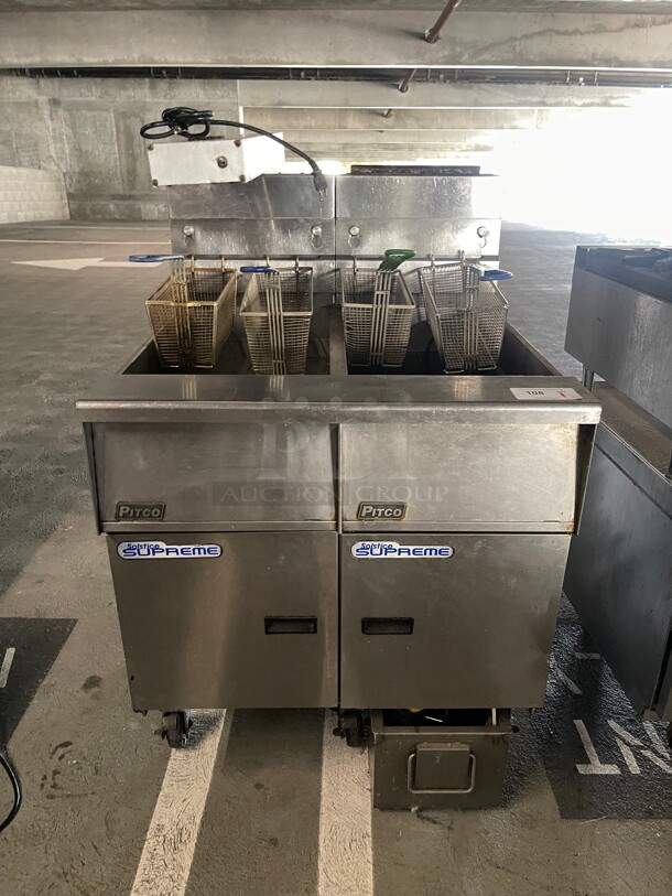 Nice! Pitco SSH55 Gas Commercial  Double Fryer - (2) 50 lb Vats, Floor Model, With Automatic Filtration System Natural Gas NSF Tested and Working! - Image 3 of 10
