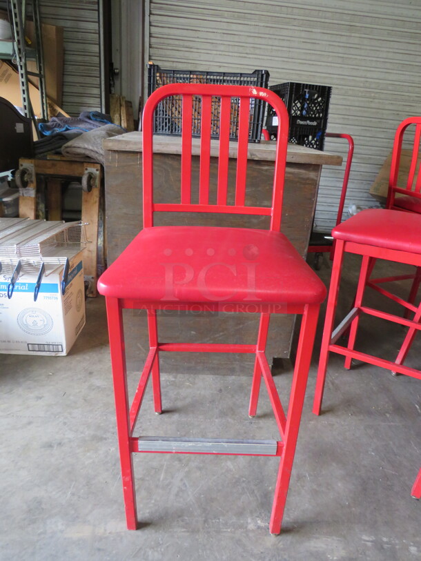 Red Metal Bar Height Chair With Red Cushioned Seat, And Footrail. 2XBID