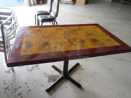 One Wooden Table Top With Asian Lacquered Insert, On A Pedestal Base. 46X28X29 