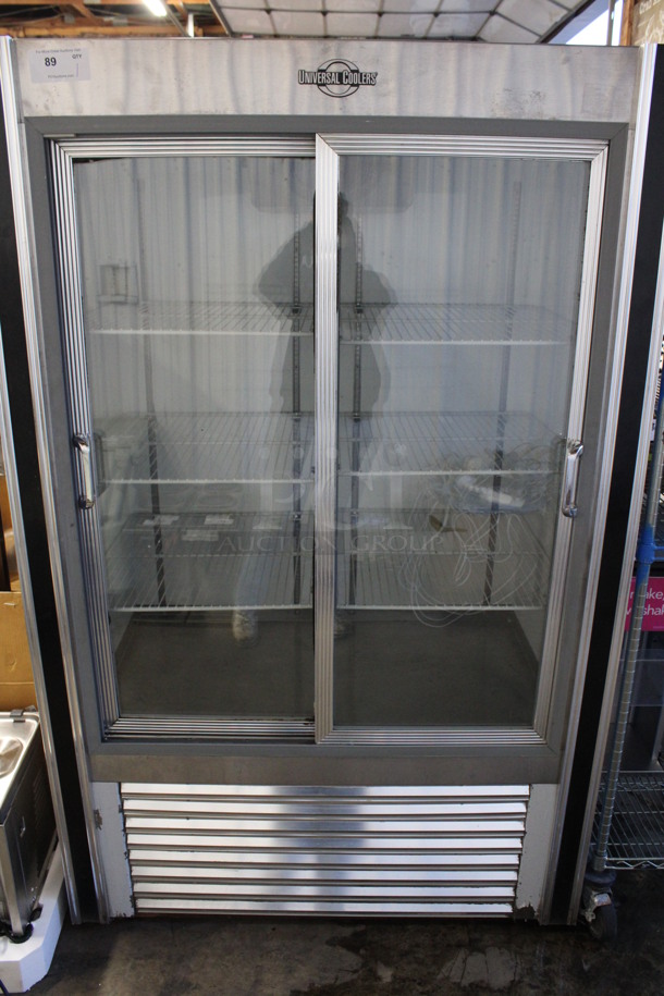 Universal Coolers Metal Commercial 2 Door Reach In Cooler Merchandiser w/ Poly Coated Racks. 48x32x75. Cannot Test - Unit Was Previously Hardwired