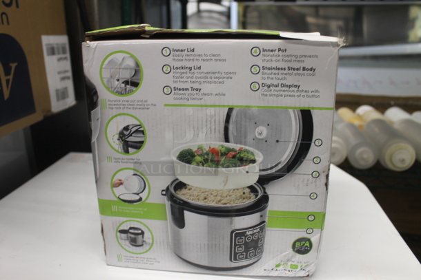 BRAND NEW IN BOX! Aroma ARC-914SBD Commercial Stainless Steel Countertop 2-8 Cup Rice Cooker. Stock Picture Used For Gallery Picture.  - Image 4 of 5