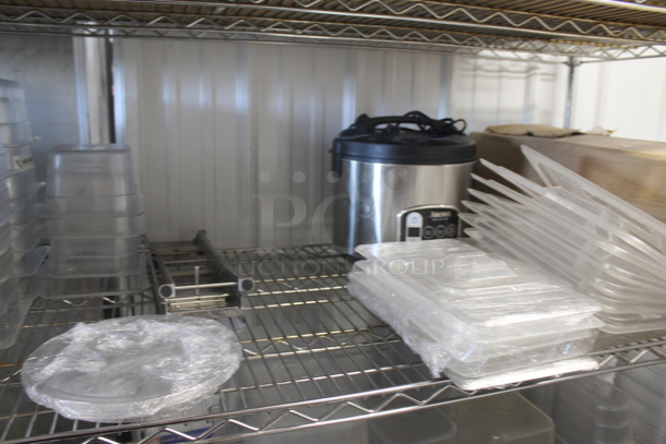 ALL ONE MONEY! Lot of Plastic And Stainless Steel Drop In Bins In Variety of Sizes, Yellow Circular Lids, Plastic Rectangular Lids, Rice Cooker, Baking Sheets, Small Strainers, AND MORE!  - Image 6 of 12