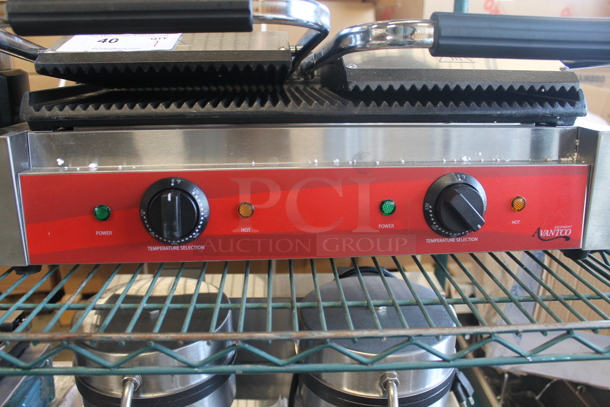 BRAND NEW SCRATCH AND DENT! Avantco 177P84 Commercial Stainless Steel Electric Countertop Double Panini Grill With Grooved Plates On Rubber Feet. 120V. Tested And Working! - Image 4 of 7