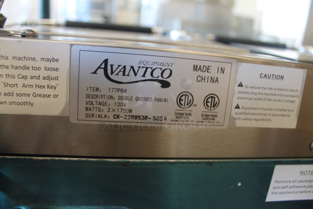 BRAND NEW SCRATCH AND DENT! Avantco 177P84 Commercial Stainless Steel Electric Countertop Double Panini Grill With Grooved Plates On Rubber Feet. 120V. Tested And Working! - Image 7 of 7