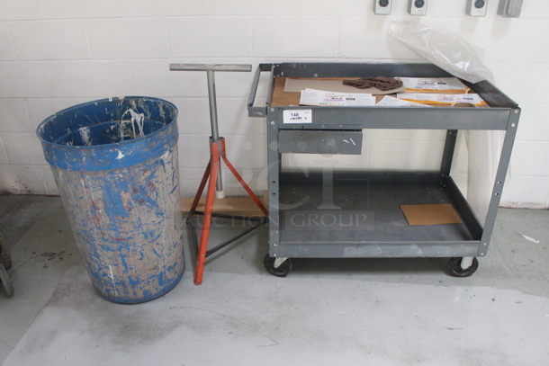 ALL ONE MONEY! Lot of Gray 2 Tier Cart, Metal Tripod and Blue Barrel - Image 1 of 3