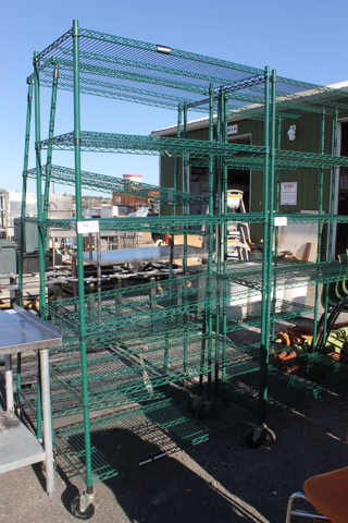 Green Finish 6 Tier Wire Shelving Unit on Commercial Casters. BUYER MUST DISMANTLE. PCI CANNOT DISMANTLE FOR SHIPPING. PLEASE CONSIDER FREIGHT CHARGES.