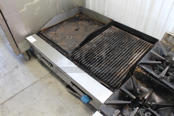 Castle Stainless Steel Commercial Natural Gas Powered Countertop Flat Top Griddle w/ Right Side Charbroiler. - Image 2 of 12