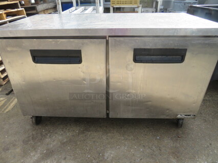 One Blue Air 2 Door Worktop Refrigerator With 2 Racks On Casters. 115 Volt. Model# BAUR60. 60X30X36