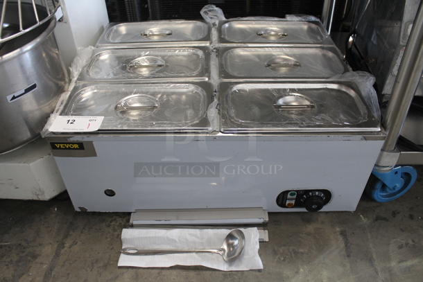 Vevor NB-6V Stainless Steel Commercial Countertop Refrigerated Rail w/ 6 Stainless Steel 1/3x6 Drop In Bins and Lids. 110 Volts, 1 Phase. Tested and Working! - Image 1 of 10