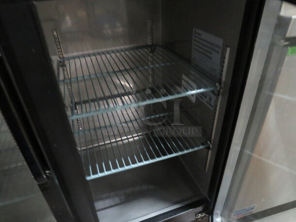 One WORKING Omcan 2 Door Back Bar Cooler With 4 Racks With Keys On Casters. Model# UBB-24-48G-HC. 115 Volt. 49X24X41 - Image 3 of 3