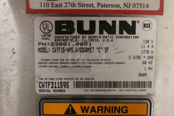 Bunn CWTF15-APS Stainless Steel Commercial Countertop Coffee Machine w/ Hot Water Dispenser and Poly Brew Basket. 120 Volts, 1 Phase.  - Image 5 of 5