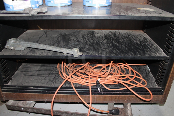 Wood Pattern Shelving Unit w/ Contents Including Metal Tins and Extension Cord. - Image 4 of 7