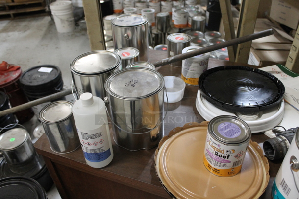 Wood Pattern Desk w/ Contents Including Liquid Roof, Liquid Rubber and Blue Magic Catalyst. - Image 4 of 10