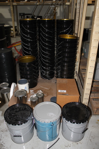 ALL ONE MONEY! PALLET LOT of Various Buckets Including NEW Black Buckets. BUYER MUST REMOVE.