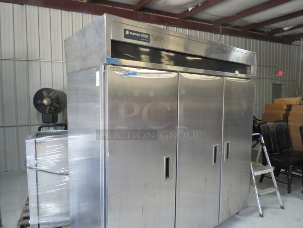 One SS Delfield 3 Door Refrigerator With 11 Racks. 115 Volt. Working NOT Cold. Model# 6076S. 76X33X80 - Image 3 of 3