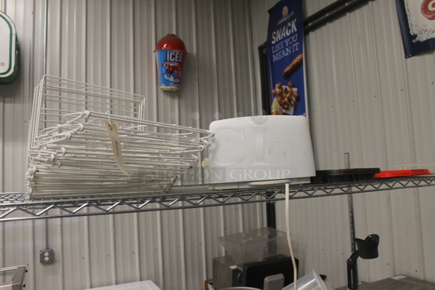 ALL ONE MONEY! Lot of Strainers, Stainless Steel Masher, Steel Drop In Bins, Hand Mixers, Small Steel Pot, Cuisinart Food Processor, Muffin Baking Sheets, Coffee Maker, Heart Shaped Wicker Basket, Salt And Pepper Shakers, Christmas Decorations, 2 Boxes Of NEC SP-32 Speakers AND MORE! Does Not Include Metro Shelf. - Image 2 of 12