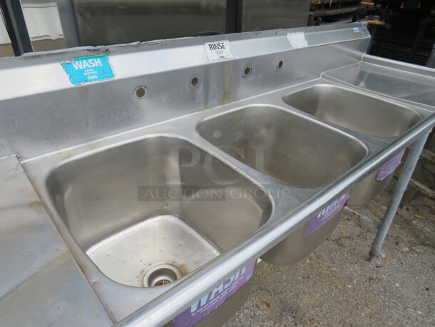 One Eagle 3 Compartment Sink With R/L Drain Boards. 90X26X46. Sink 16X19X13 - Image 2 of 2