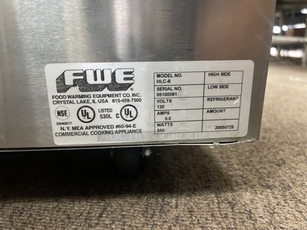 FWE HLC-8 Undercounter Insulated Mobile Heated Cabinet w/ (8) Pan Capacity, 120v The FWE HLC-8 undercounter insulated heated cabinet is positioned on 31⁄2-inch casters to provide mobility, and these casters swivel to help employees maneuver turns. It's made of durable stainless steel, and the exterior is polished smooth to facilitate cleaning. The door opens and closes on die-cast hinges and has a magnetic handle with no extruded parts that could get in the way. This cabinet is designed for undercounter use, measuring 17 inches wide by 26.50 inches deep by 33.50 inches high. Tested and Working! - Image 4 of 7