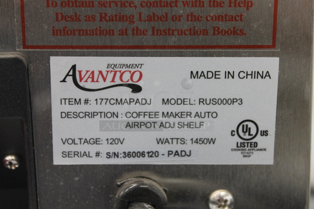 BRAND NEW SCRATCH AND DENT! Avantco 177CMAPADJ Stainless Steel Commercial Coffee Machine. 120 Volts, 1 Phase.   - Image 5 of 5