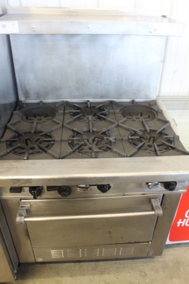 Stainless Steel Commercial Natural Gas Powered 6 Burner Range w/ Oven, Over Shelf and Back Splash. - Image 1 of 4