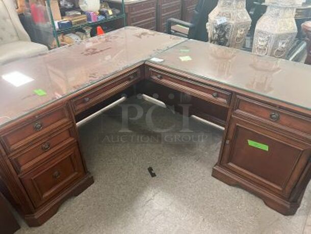 L Shaped Hooker Wooden Desk w/ 4 Drawers and Top Glass Pane.
