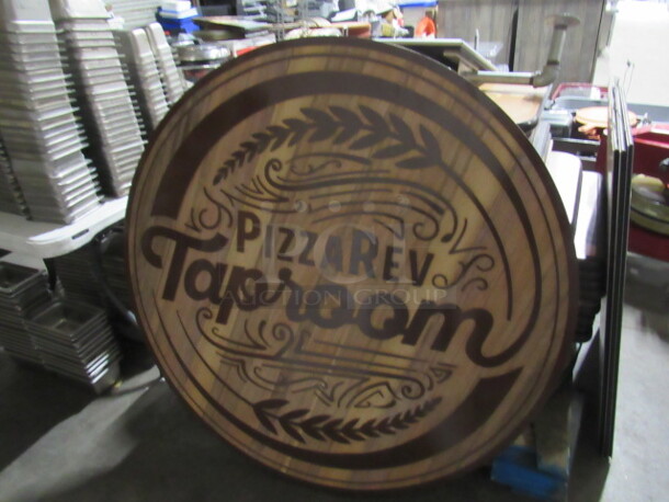 One 48 Inch Round Wall Mount Wooden Pizza Rev Taproom Decorative Sign. 1-1/2 Inch Thick Wood.