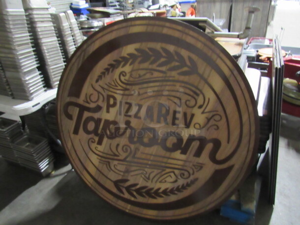 One 48 Inch Round Wall Mount Wooden Pizza Rev Taproom Decorative Sign. 1-1/2 Inch Thick Wood. - Image 1 of 1