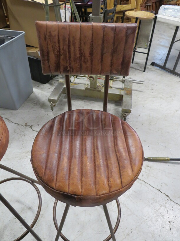Vintage Metal Bar Stool With Well Worn Leather Look Cushioned Seat And Back And Footrest. 2XBID - Image 2 of 3
