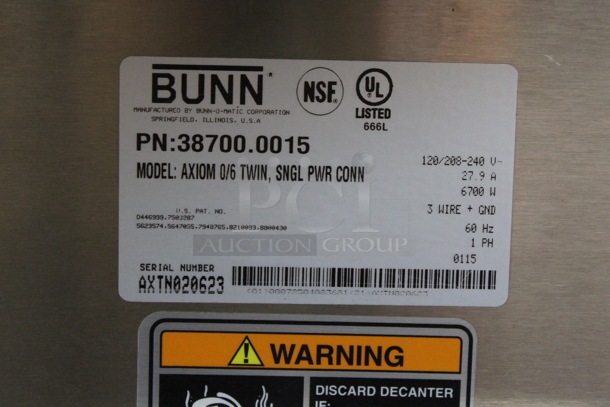 2015 Bunn AXIOM 0/6 TWIN Stainless Steel Commercial Countertop 6 Burner Coffee Machine w/ Hot Water Dispenser. 120/208 Volts, 1 Phase. - Image 4 of 5