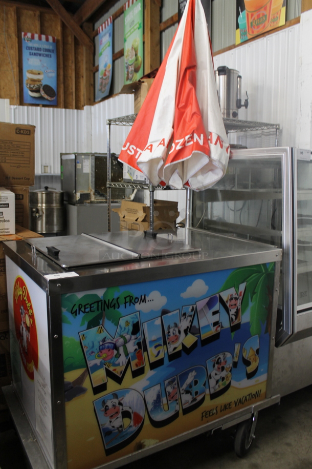 C. Nelson BDC-8 Stainless Steel Commercial Ice Cream Freezer Cart w/ Red and White Umbrella on Casters. 115 Volts, 1 Phase. Tested and Working!