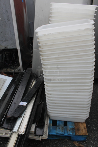 ALL ONE MONEY! PALLET LOT of Various Items Including Poly Bins and Metal Pieces