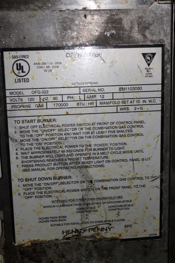 Henny Penny OFG-322 Stainless Steel Commercial Floor Style Propane Gas Powered 2 Bay Deep Fat Fryer w/ 4 Metal Fry Baskets. 170,000 BTU. - Image 4 of 8