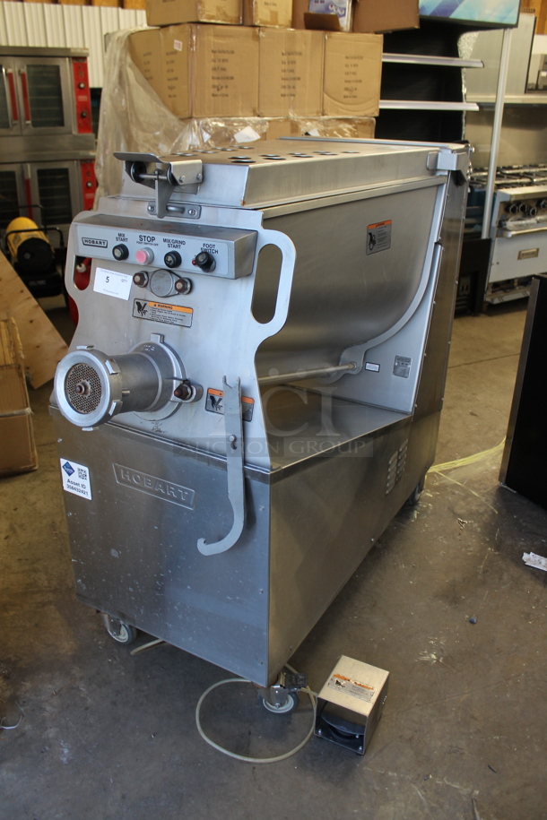 2019 Hobart MG2032 Metal Commercial Floor Style Electric Powered Meat Grinder w/ Foot Pedal on Commercial Casters. 208 Volts, 3 Phase.