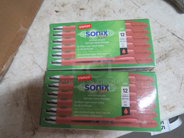 One Lot Of 12 NEW 1 Inch Orange Binders, And 2 Boxes Of 12 Sonix Gel Pens.  - Image 3 of 3