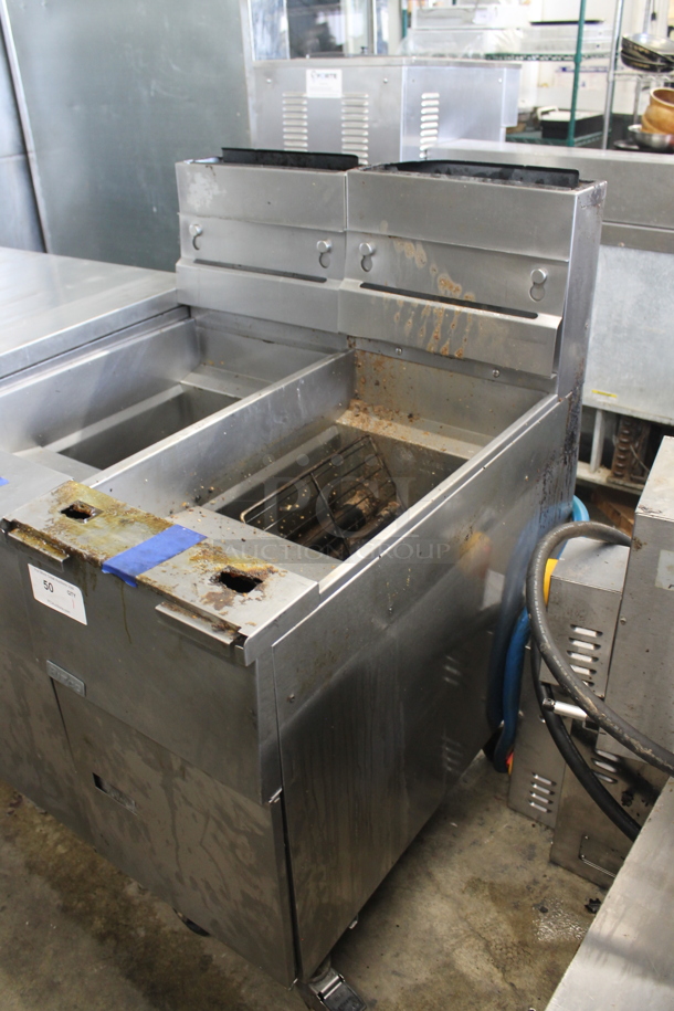 Pitco Frialator SG14 Stainless Steel Commercial Floor Style Natural Gas Powered Deep Fat Fryer on Commercial Casters. 110,000 BTU. - Image 1 of 5