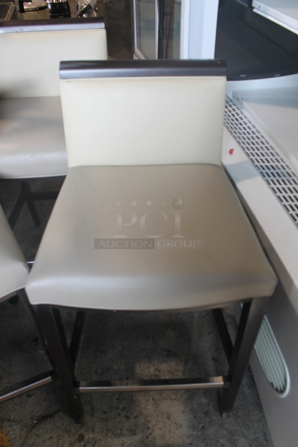 3 Bar Height Vinyl Cream Colored Cushioned Chairs With Brown Legs. Cosmetic Condition May Vary. 3 Times Your Bid! - Image 2 of 5