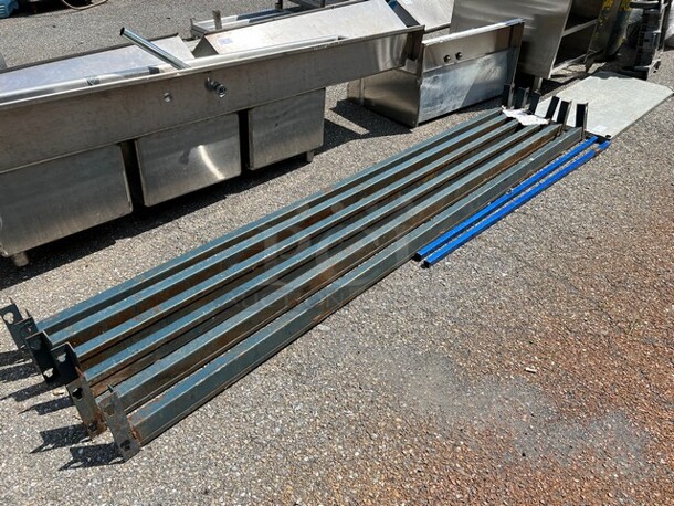 ALL ONE MONEY! Lot of 6 Metal Rods, 2 Blue Shelving Unit Poles and Metal Under Shelf. Includes 48x21x1.5 - Image 1 of 3