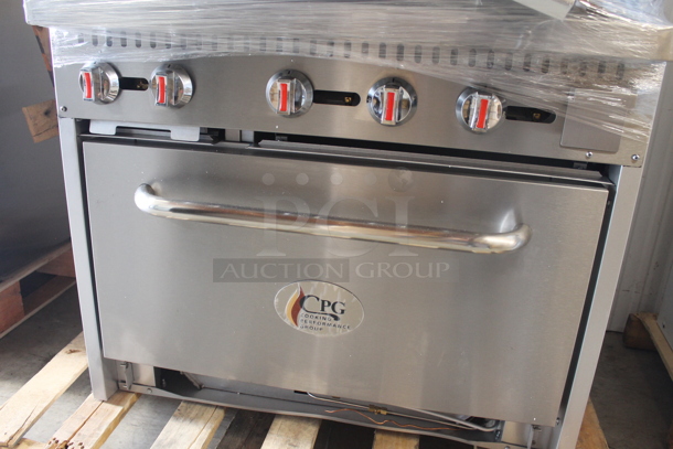 BRAND NEW SCRATCH AND DENT! Cooking Performance Group 351S36G24L Stainless Steel Commercial Propane Gas Powered 2 Burner Range with 24" Griddle, Oven, Over Shelf and Back Splash. 130,000 BTU. - Image 6 of 11