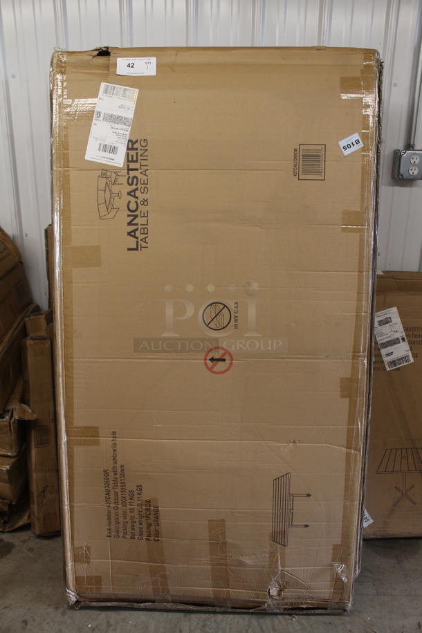 BRAND NEW SCRATCH AND DENT! Lancaster Table & Seating 427CAU3260OR 32" x 60" Orange Powder-Coated Aluminum Dining Height Outdoor Table with Umbrella Hole - Image 2 of 7