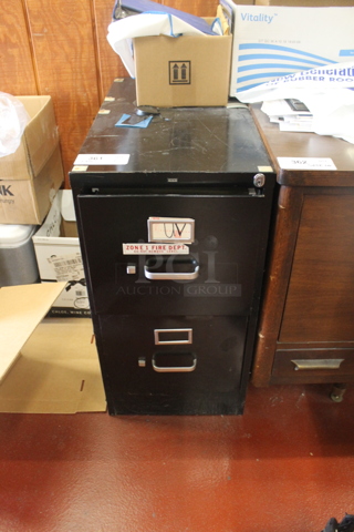 Black Metal 2 Drawer Filing Cabinet w/ Contents. BUYER MUST REMOVE.