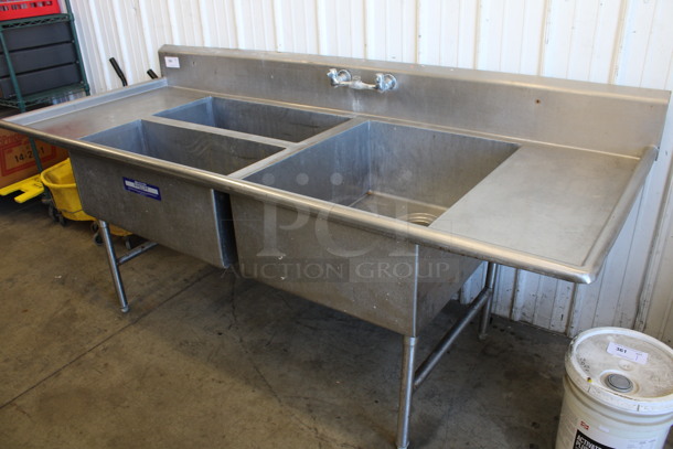 Stainless Steel Commercial 3 Bay Sink w/ Dual Drainboards and Handles. 90x37x39.5. Bays 24x30x12, 32x14x12. Drainboards 14x33x2
