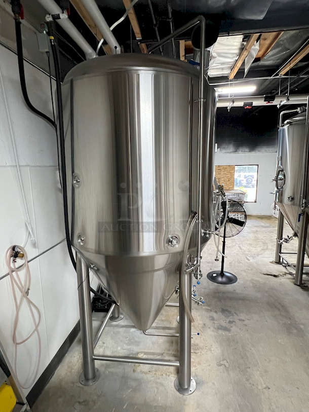 LIKE NEW! Ningbo Bme 30FV 30BBL Fermenter/Unitank/Conical Stainless Steel Fermentation Tank. S/N: BME30FV021 
.
Fully Functioning

.
Gross volume: 4,430L(26% head space); 
Tank size: Φ1,600x1500mm, approx. total height 12ft
Jacketed and insulated. SUS304 stainless steel, 3mm thickness plate for inner tank, 1.5mm for dimple jacket and 2mm for outer shell.
Interior tank 2b finish and passivated, ribbon polish for welded place; 4#finish or mirror finish for inner tank available
Outer tank brushed. Dish head polished. ribbon polish for welded place
Dish head, 60° cone bottom, Side shadowless manway(double side welded)
DIN 65 style 1.5” Rotating racking arm(or tri-clamp),
3 zone dimple cooling jackets, 3/4″ NPT inlet and outlet
80mm Polyurethane insulation
CIP arm and spray ball, blowoff pipe
Necessary butterfly valves, sample valve, Thermometer, Pressure gauge( oil style), PVRV, tri-clamp and gasket fittings.

Manufactured: 12/30/2019

Located in: Rancho Cucamonga, CA. Shipping is Available. - Image 4 of 8