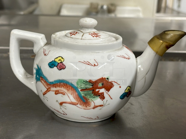 (1) Small 1960's Red Drago Chinese Teapot Famille Rose Hand Painted Dragons with Gold Accents.  - Image 1 of 1