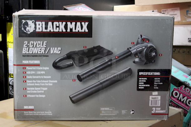 Black Max 2-CYCLE BLOWER/VAC. Includes: Blower, Blower Tube, outlet Nozzle, Vacuum Kit, 2-Cycle Engine Lubricant. Air Volume: 400 CFM, Air Speed: 150MPH, Engine: 26cc 2-Cycle, Mulching Ratio 12:1