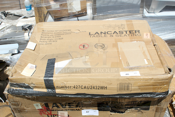 BRAND NEW SCRATCH & DENT! Lancaster Table & Seating 427CAU2432WH 24" x 32" White Powder-Coated Aluminum Dining Height Outdoor Table with Umbrella Hole.   In The Box. Packaging is Damaged.  - Image 2 of 2
