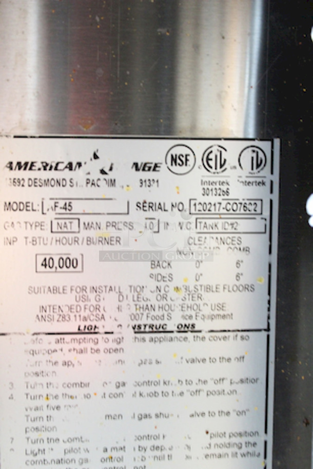 LIKE NEW! American Range AF-45 - Clearance - 45lb Natural Gas Commercial Deep Fryer, Heavy Duty NSF, 120,000 BTU. Highest BTU Rating For Superior Recovery. (3) 40,000 BTU Burners.

45-3/4"H x 30-1/4"D x 15-1/2"W. 220 Lbs. - Image 2 of 7