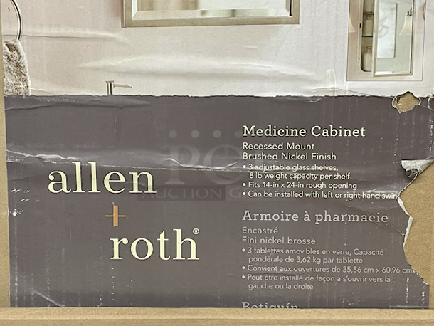 Bed / Bath Storage & Organization  – (2) Hives & Honey – Katie – Jewelry Stands; (4) Mainstays 24-Pocket Over The Door Shoe Organizers; (1) White Over The Door Rack; (1) Allen + Roth 3 Shelf Recessed Mount Brushed Nickel Finish Medicine Cabinet Fits 14”x24” Rough Opening; (7) Hives And Honey Wall Monet Jewelry Organizers; (11) 4 10-1/2” x 10-1/2” Sheets of Peel & Stick Tiles.  - Image 12 of 12