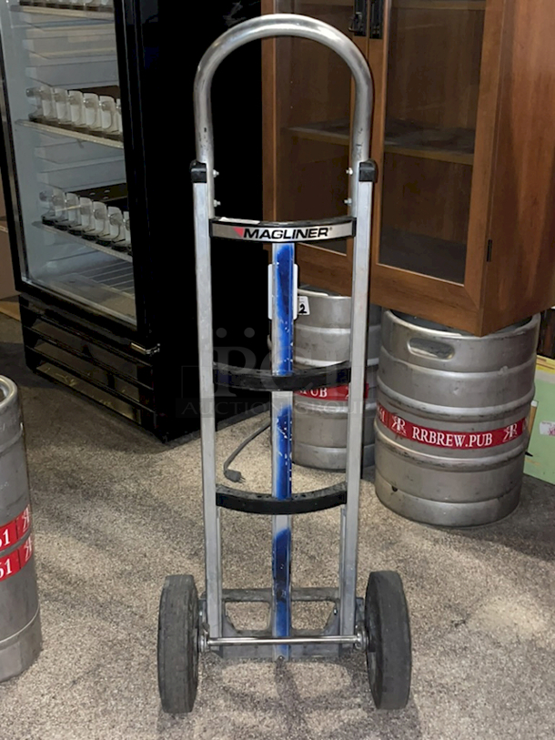 Magliner HAND TRUCK 535B-E1-1030 - 500 lb. Capacity Hand Truck W/ Curved Back Frame W/ Nylon Cross Bars, 55" Bolted Double Grip Handle, 14" x 7-1/2" Extruded Aluminum Nose Plate, and 10" Balloon Cushion Wheels. 18-1/2"x23x55 - Image 2 of 4