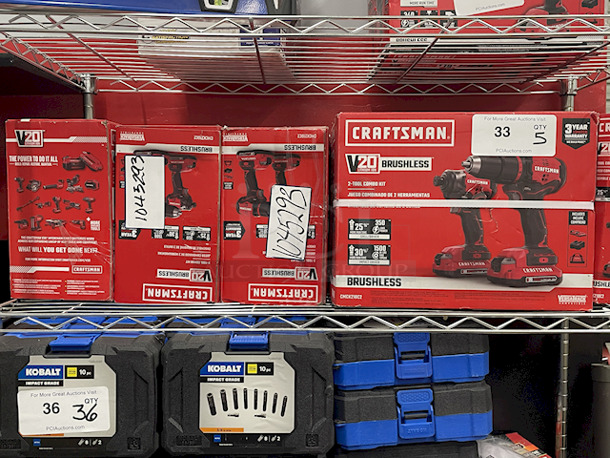SWEET DEAL!! [5] Craftsman СМСК210C2 V20 Lithium Ion Brushless 2 Tool Combo Kit. Kit Includes: (1) Drill/Driver (1) Impact Driver W/ 1500 in-lbs Max Torque, (2) Batteries, (1) Charger, (1) Carry Case. 5x Your Bid
