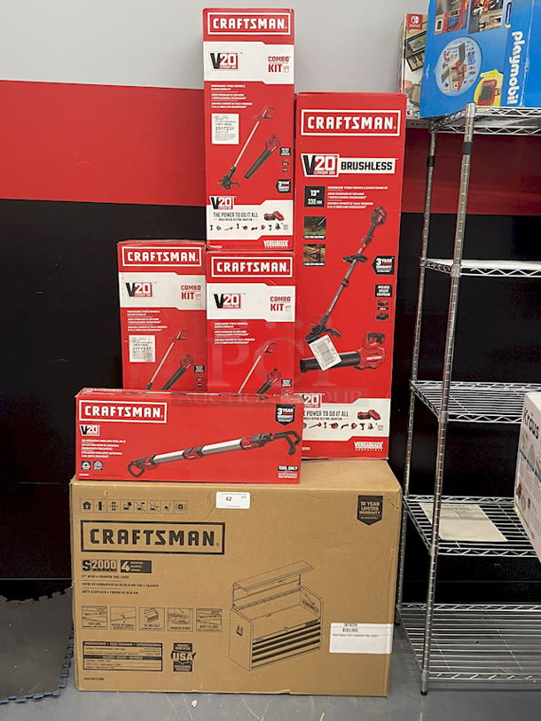 All New, All Craftsman – [1] CRAFTSMAN 2000 Series 37-in W x 24.5-in H 4-Drawer Steel Tool Chest (Red), [1] CMCL090B V20 Lithium-Ion LED Automotive Hood Light, [1] CRAFTSMAN V20 Brushless 2-Piece 20-Volt Max Cordless Power Equipment Combo Kit – 13” Weed Wacker, String Trimmer & Blower Combo Kit (With Battery & Charger), [3] Craftsman CMCK279D1 V20 Brushless Lithium-Ion 10” Cordless Weedwhacker, String Trimmer and, Blower Combo Kit (With Battery & Charger). 6x Your Bid